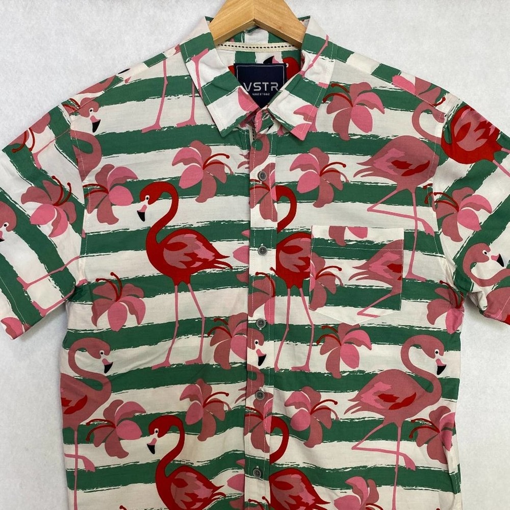 VSTR Button Up‎ Shirt Collar Flamingo Pattern Striped Green White Short Sleeve L